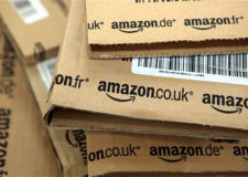 Close up of a stack of Amazon UK packages