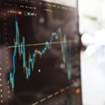 A monitor displaying a financial graph