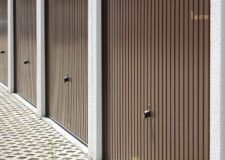 A row of closed garage doors