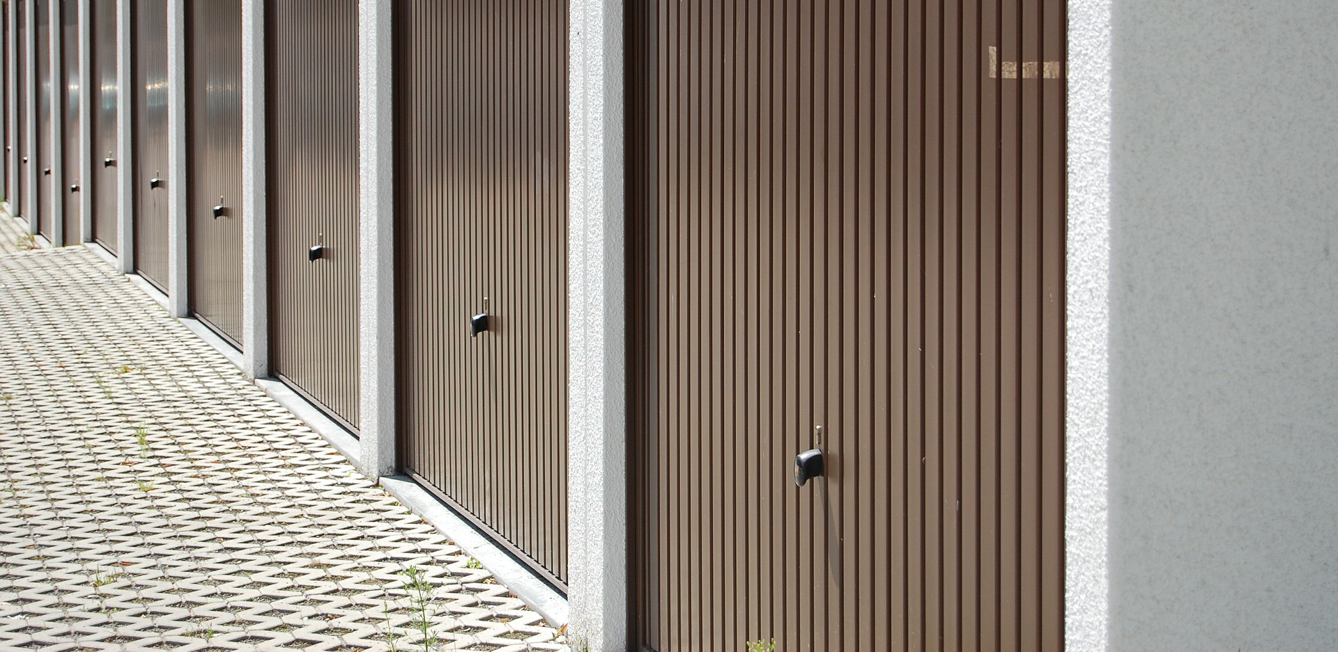 A row of closed garage doors