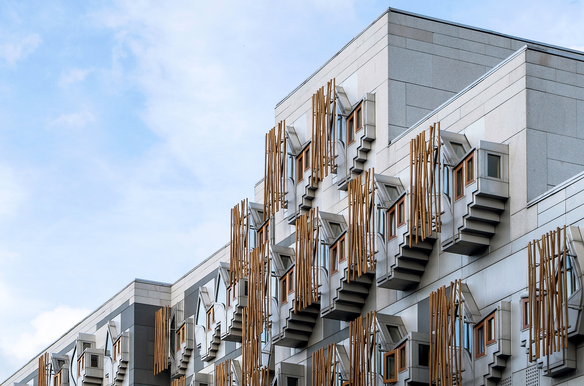 Exterior of Scottish Parliament building on a bright day