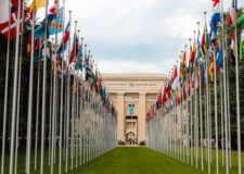 Two rows of national flags outside of a UN building