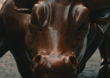 Close up of Wall Street Bull statue